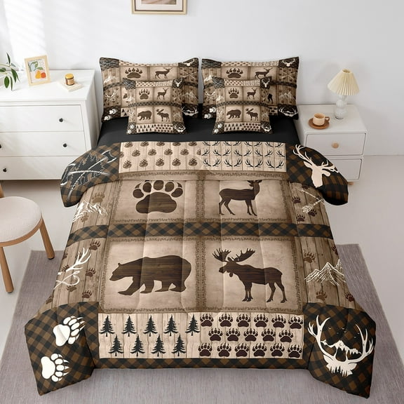 Erosebridal Cute Deer Bear Bedding Queen Size,Jungle Animal Bed Set,Brown Plaid Patchwork Bedding Sets Queen Size,Breathable Bedroom Decor Reversible,7pcs