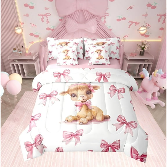 Erosebridal Cute Deer Bedding Twin Comforter Set, Kawaii Animal Down Comforter, Princess Style Decor, Reversible 7-Piece