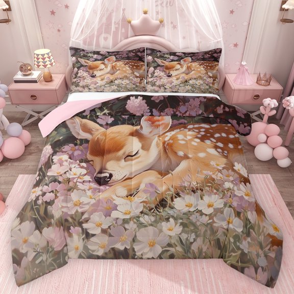 Erosebridal Cute Deer Queen Comforter Set for Kids Girls, White Blossoms Bedding Comforter Set, Pink Reversible, 1 Comforter and 2 Pillowcases