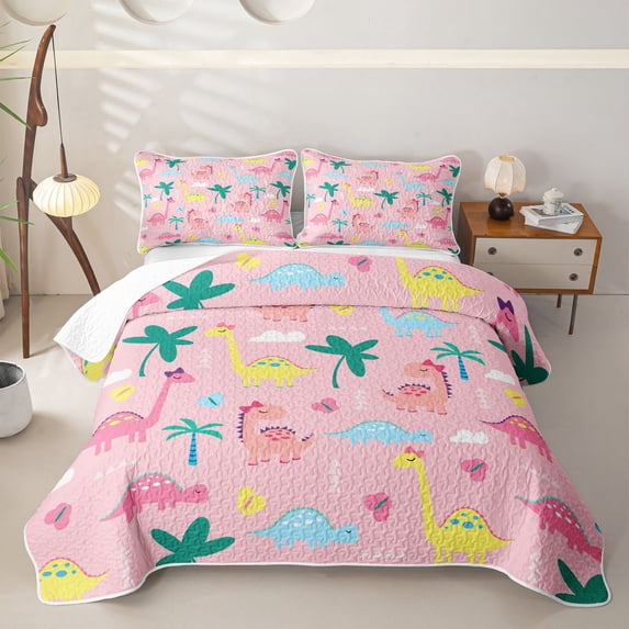 Erosebridal Cute Dinosaur Bed Spread Queen, Cartoon Dino Animal Queen Coverlet Set, 3-Piece 1 Quilt and 2 Pillowcases