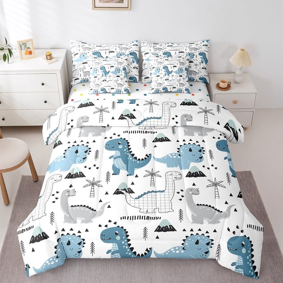 Erosebridal Cute Dinosaur Bedding Full Size, Geometric Stripes Bed in a Bag Full size, Cartoon Decor, Reversible 7-Piece