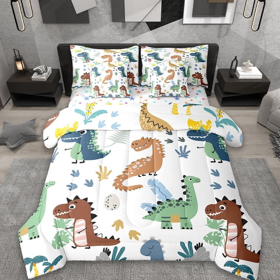 Erosebridal Cute Dinosaur Bedding Queen Size,Wild Animal Comforter Sets with Sheets,Tropical Botanical Palm Bedding Sets Queen Size For Boys,Breathable Room Decorative Reversible,7pcs