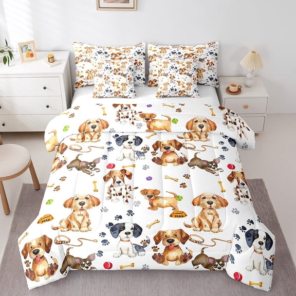 Erosebridal Cute Dog Bedding Full Size,Pet Animal Comforter Sets With Sheets,Kawaii Doggy Bedding Sets Full Size, Breathable Room Decoration,7-Piece