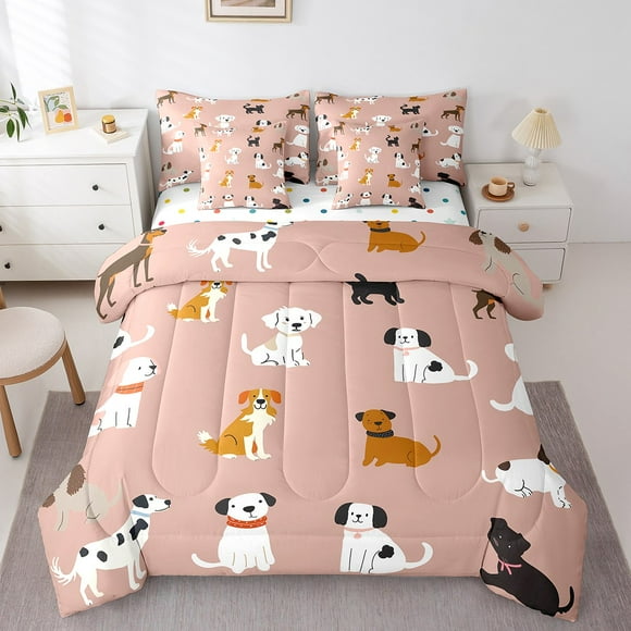 Erosebridal Cute Dog Bedding Twin Size, Kawaii Pug Bed in a Bag Twin size, Cartoon Pet Reversible Bed Set, Lightweight Bedroom Decorative, 7-Piece