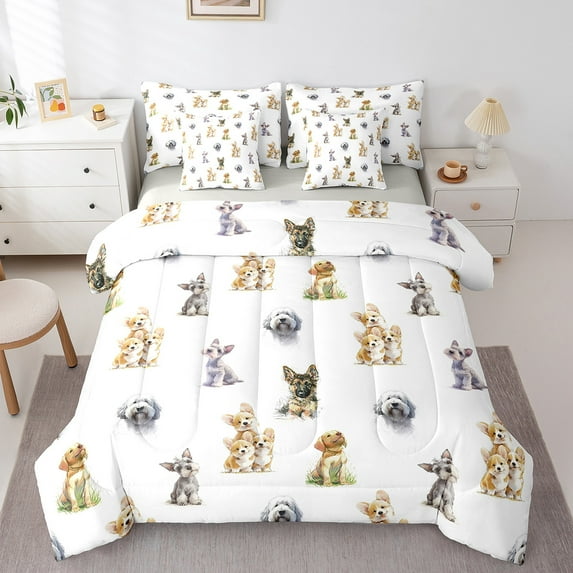 Erosebridal Cute Dog Bedding Twin Size,Pet Animal Comforter Sets with Sheets,White Brown Bedding Sets Twin Size,Breathable Room Decoration Reversible,7pcs