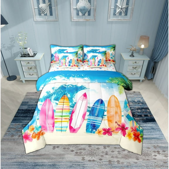 Erosebridal Sea Surfing Bedding Sets Twin Size,Ocean Beach Comforter Sets with Sheets,Super Cozy Reversible Bed in a Bag Twin size,Floral Decoration,7pcs
