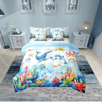 Erosebridal Cute Dolphin Bed in a Bag Twin size, Cartoon Whale Bed Set, Sea Animals Reversible Bedding Twin Size, Microfiber Room Decor, 7 Pieces