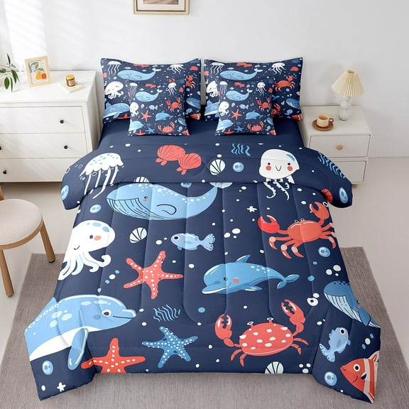 Erosebridal Cute Dolphin Bedding Full Size, Cartoon Crab Bed in a Bag Full size, Sea Animal Reversible Bed Set, Super Cozy Room Decor, 7-Piece