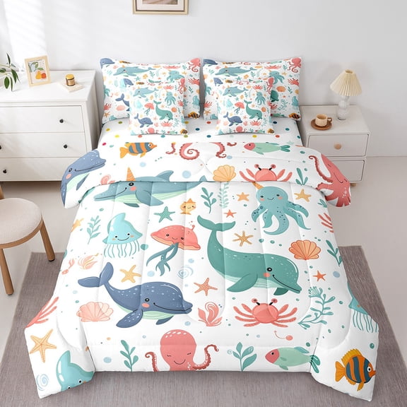 Erosebridal Cute Dolphin Bedding Sets Queen Size, Cartoon Jellyfish Comforter Sets with Sheets, Sea Animal Reversible Bed Set, Breathable Bedroom Decoration, 7pcs