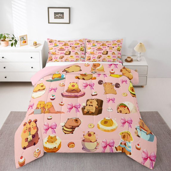 Erosebridal Cute Donuts Capybara Queen Comforter Set 3pcs For Children,Boys Girls Kawaii Ribbon Bow Knot Bedding Comforter Set,Pink Reversible