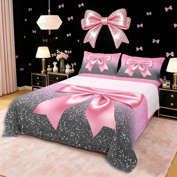 Erosebridal Cute Dreamy Bowknot Bed Sheets 4pcs for Teens Girls,Grey Pink Glitter Print King Sheets,Lightweight Room Decor
