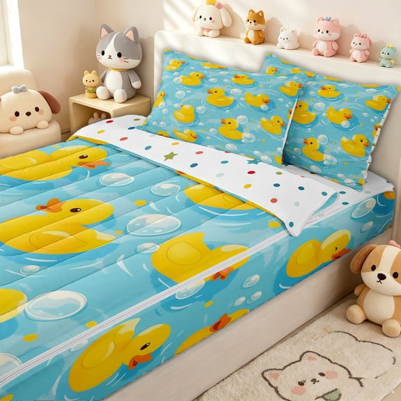 Erosebridal Cute Duck Bubble Print Zipper Twin Comforter Sets with Fitted Sheet and 2 Pillowcases for Girls Boys, Summer Cartoon Theme Zipper Bedding Set, Polkadot Reversible, 4 Pieces
