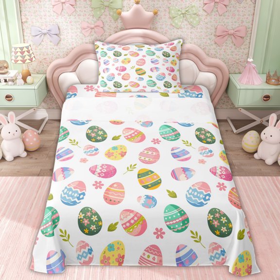 Erosebridal Cute Easter Eggs Kids Twin Sheet Sets, Groovy Flower Floral Bedding, 3-Piece
