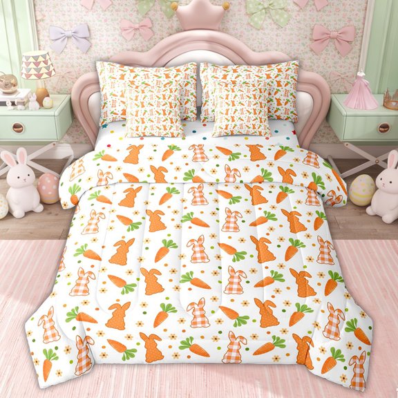 Erosebridal Cute Easter Rabbit Kid Twin Bedding Sets, Cartoon Carrot Bedding Comforter Set, White Orange, 7 Pieces