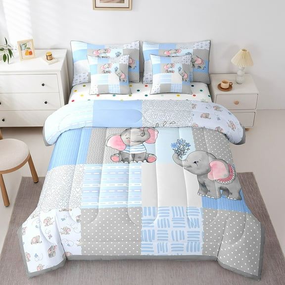 Erosebridal Cute Elephant Bed in a Bag Queen size, Kawaii Animals Bedding Queen Size, Blue Buffalo Reversible Comforter Sets with Sheets, Breathable Bedroom Decorative, 7 Pieces