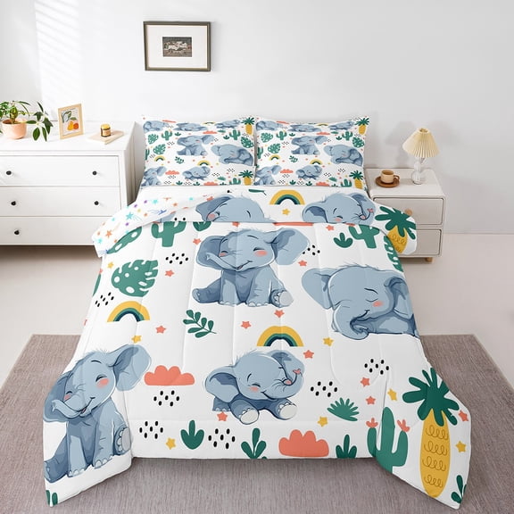 Erosebridal Cute Elephant Bedding Queen Comforter Set, Cartoon Woodland Animal Down Comforter, Rainbow Palm Tree Leaf Bedding Sets Queen with Comforter, Microfiber Bedroom Decorative, 3 Pieces