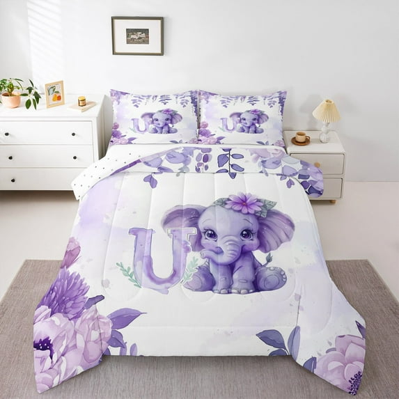 Erosebridal Cute Elephant Bedding Sets Queen with Comforter,Personalized Letter U Duvet Insert,Personalized Gifts Comforter Sets Queen Size For Boys Girls,Super Cozy Room Decor Reversible,3pcs
