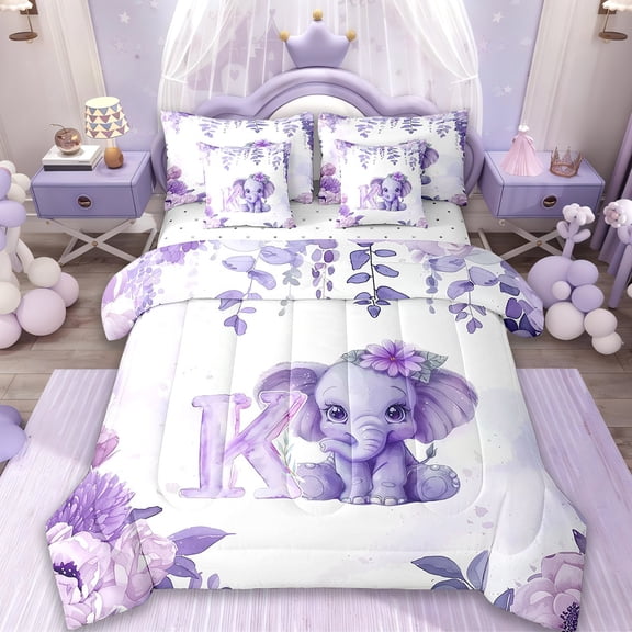 Erosebridal Cute Elephant Bedding Sets Queen Size,Personalized Letter K Comforter Sets with Sheets,Personalized Gifts Bed in a Bag Queen Size For Boys Girls,Super Cozy Room Decor Reversible,7-Piece