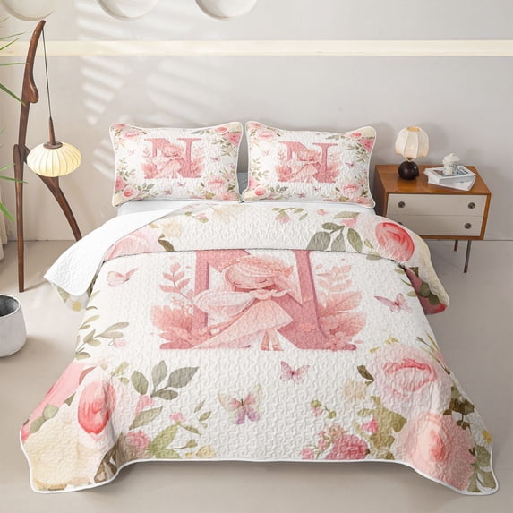 Erosebridal Cute Elf N Letter Bed Spread Queen for Girls, Chic Floral Butterfly Queen Coverlet Set, 3-Piece 1 Quilt and 2 Pillowcases
