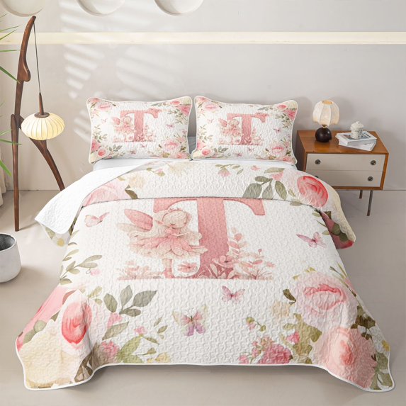 Erosebridal Cute Elf T Letter Quilt Full for Girls, Chic Floral Butterfly Full Bedspread Sets, 3 Pieces 1 Quilt and 2 Pillowcases