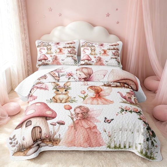 Erosebridal Cute Elf Twin Quilt Set, Cartoon Mushroom Twin Coverlet Set, Pink Reversible, Dusty Pink, 2 Pieces (1 Bedspread and 1 Pillowcase)