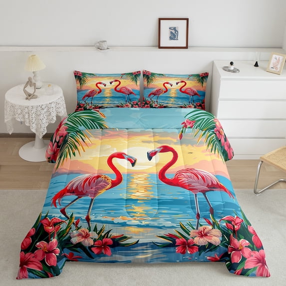 Erosebridal Cute Flamingo Comforter Sets Full Size, Tropic Floral Flower Comforters & Duvets, Cartoon Ocean Decor, Microfiber