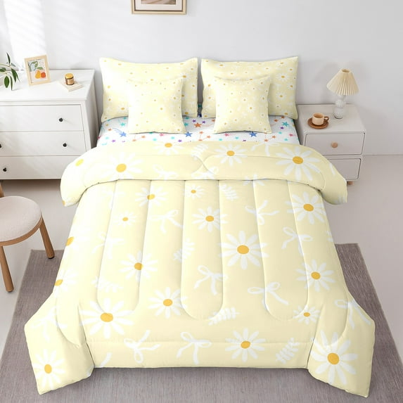 Erosebridal Cute Floral Daisy Bedding Sets Twin Size,Lovely Bowknot Comforter Sets with Sheets,Plant Leaf Bed in a Bag Twin Size For Girls,Super Cozy Room Decoration Reversible,7-Piece