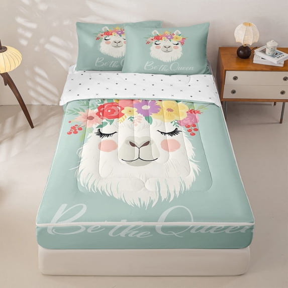 Erosebridal Cute Floral Llama Graphic Zipper Full Size Comforter Sets with Fitted Sheet and 2 Pillowcases,Hand Letter Text Secondary Tile Zipper Bedding Set,Mint White,4pcs,Reversible