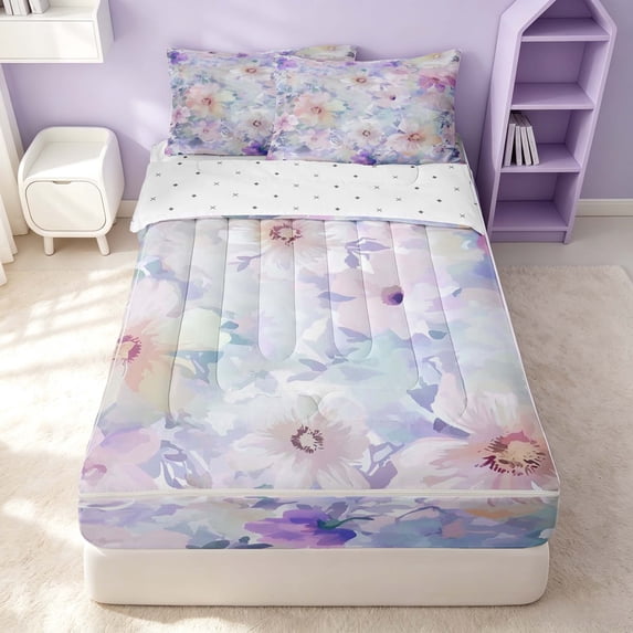 Erosebridal Cute Floral Zipper Queen Comforter Set with Fitted Sheet and 2 Pillowcases, Garden Blossom Zipper Bedding Set, Reversible, Pastel Lavender Watercolor, Reversible