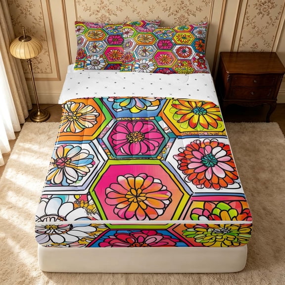 Erosebridal Cute Floral Zipper Queen Comforter Set with Fitted Sheet and 2 Pillowcases, Kawaii Blossom Zipper Bedding Set, Reversible, Vibrant Multicolor, Reversible