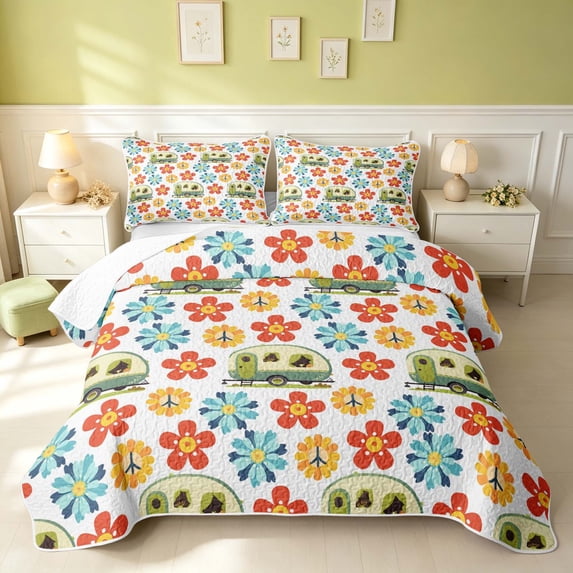 Erosebridal Cute Flower Quilt King, Kawaii Floral King Coverlet Set, Pink Reversible, Retro Teal, 3pcs (1 Bedspread and 2 Pillowcases)