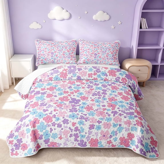 Erosebridal Cute Flower Twin Quilt Set, Cartoon Floral Twin Coverlet Set, Pink Reversible, Pink Lavender Blue, 2 Pieces (1 Bedspread and 1 Pillowcase)