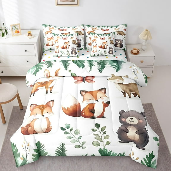 Erosebridal Cute Fox Bedding Sets Queen Size, Cartoon Flower Comforter Sets with Sheets, Woodland Animals Room Decor, Reversible