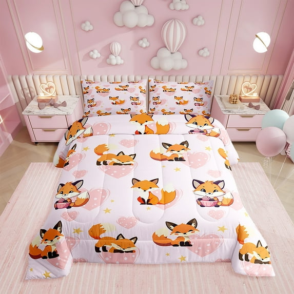 Erosebridal Cute Fox Comforter Set,Cartoon Animal Bedding Set Twin,Pink Love Heart Reversible Duvet Insert,Woodland Fox Quilt with 1 Pillowcase Lightweight