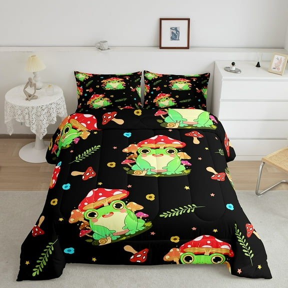 Erosebridal Cute Frog Bedding King Comforter Set, Red Mushroom Floral Down Comforter, Wild Animal Bedding Sets King with Comforter, Super Cozy Bedroom Decoration, 3 Pieces