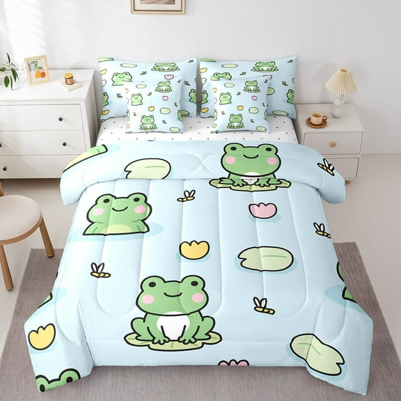 Erosebridal Cute Frog Bedding King Size,Cartoon Dragonfly Lotus Leaf Bed Set,Nature Animal Bedding Sets King Size,Super Cozy Room Decoration,7pcs