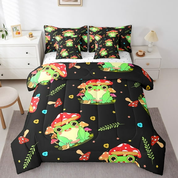 Erosebridal Cute Frog Bedding Sets King Size, Red Mushroom Floral Comforter Sets with Sheets, Wild Animal Bedding Accessories, Super Cozy Bedroom Decoration, Reversible 7pcs