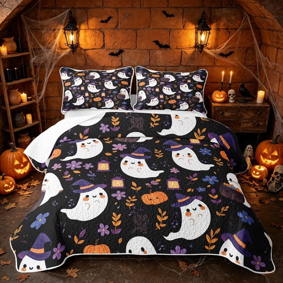 Erosebridal Cute Ghost Bed Spread Queen, Halloween Pumpkin Lantern Queen Coverlet Set for Boys Girls, Black Purple, 3pcs 1 Quilt and 2 Pillowcases