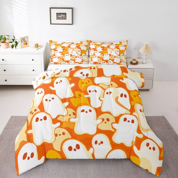 Erosebridal Cute Ghost Comforter Sets Twin Size,Holleween Comforters & Duvets,Orange White Bedding Twin Comforter Set,Ultra Soft Room Decoration Reversible,2-Piece