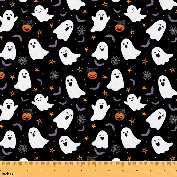 Erosebridal Cute Ghost Fabric by the Yard 1 Yard for Boys Girls, Black Orange Pumpkin Bat Home Decor Fabric by the Yard