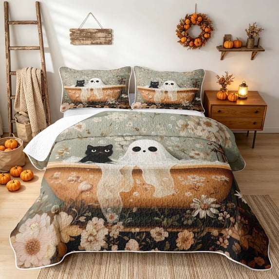 Erosebridal Cute Ghost Quilt Full, Boho Floral Black Cat Full Bedspread Sets for Boys Girls, Beige White Orange Green, 3-Piece 1 Coverlet and 2 Pillowcases