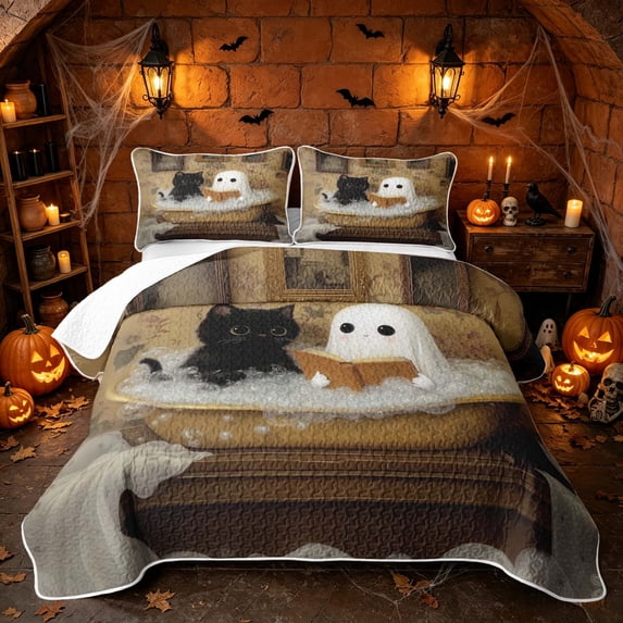 Erosebridal Cute Ghost Twin Quilt Set, Black Cat Spooky Animal Twin Coverlet Set for Boys Girls, Cream Gold Black, 2pcs 1 Bedspread and 1 Pillowcase