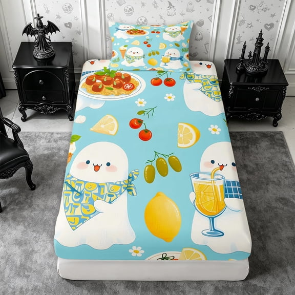 Erosebridal Cute Ghosts Twin Fitted Sheet 2 Pieces,Happy Halloween Bedding,Sky Blue,1 Fitted Sheet and 1 Pillowcase