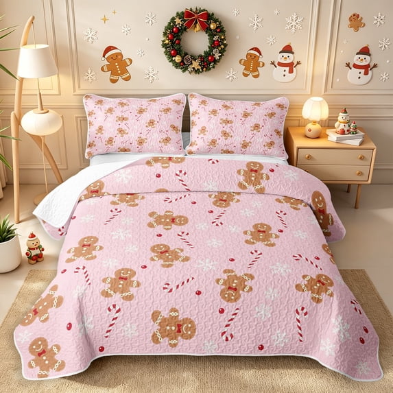Erosebridal Cute Gingerbread Man Twin Quilt Set 2 Pieces,Merry Christmas Twin Coverlet Set,Pink,1 Bedspread and 1 Pillowcase