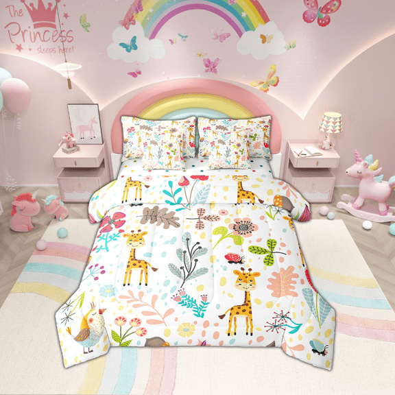 Erosebridal Cute Giraffe Bed In A Bag With Sheets Cartoon Giraffe Comforter Set 7 Piece Twin Kawaii Floral Zoo Animal Bedding Set Woodland Leaves Wildlife Sheet Set