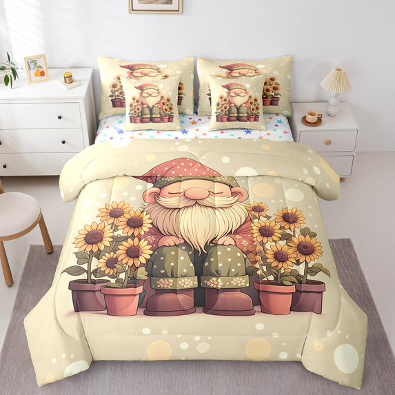 Erosebridal Cute Gnome Bedding Sets King Size,Sunflower Comforter Sets With Sheets,Chic Flower Floral Bed In A Bag King Size, Lightweight Bedroom Decor,7-Piece Reversible