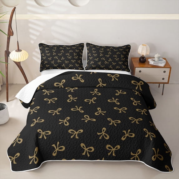 Erosebridal Cute Gold Bow Quilt King for Girls, Black Ribbon King Coverlet Set, 3 Pieces