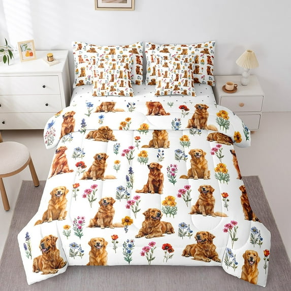 Erosebridal Cute Golden Retriever Bedding Twin Size, Pet Dog Theme Comforter Sets with Sheets, Blossom Flower Duvet Set, Ultra Soft Bedroom Decorative, Reversible 7-Piece