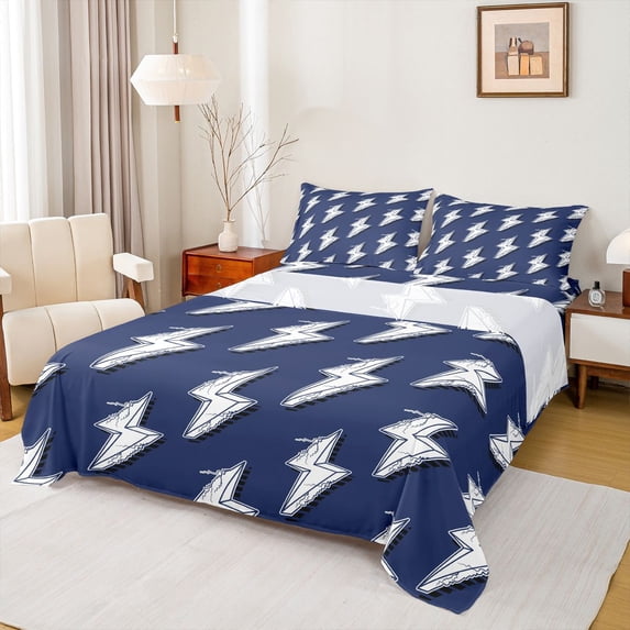 Erosebridal Cute Graffiti Lightning Queen Sheet Sets,Deepblue And White Bed Set For Boy Teens 4 Pieces