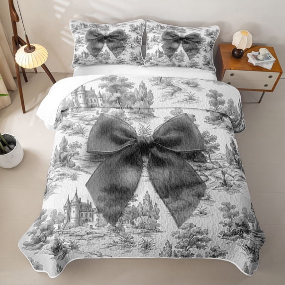Erosebridal Cute Grey Bowknot Quilt Full for Girls Boys, Princess Fairy Castle Full Bedspread Sets, 3pcs